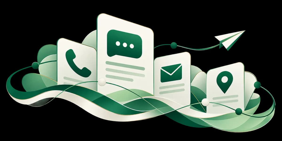 بطاقات تواصل خضراء للهاتف والرسائل والبريد والموقع تربطها خطوط متصلة وطائرة ورقية