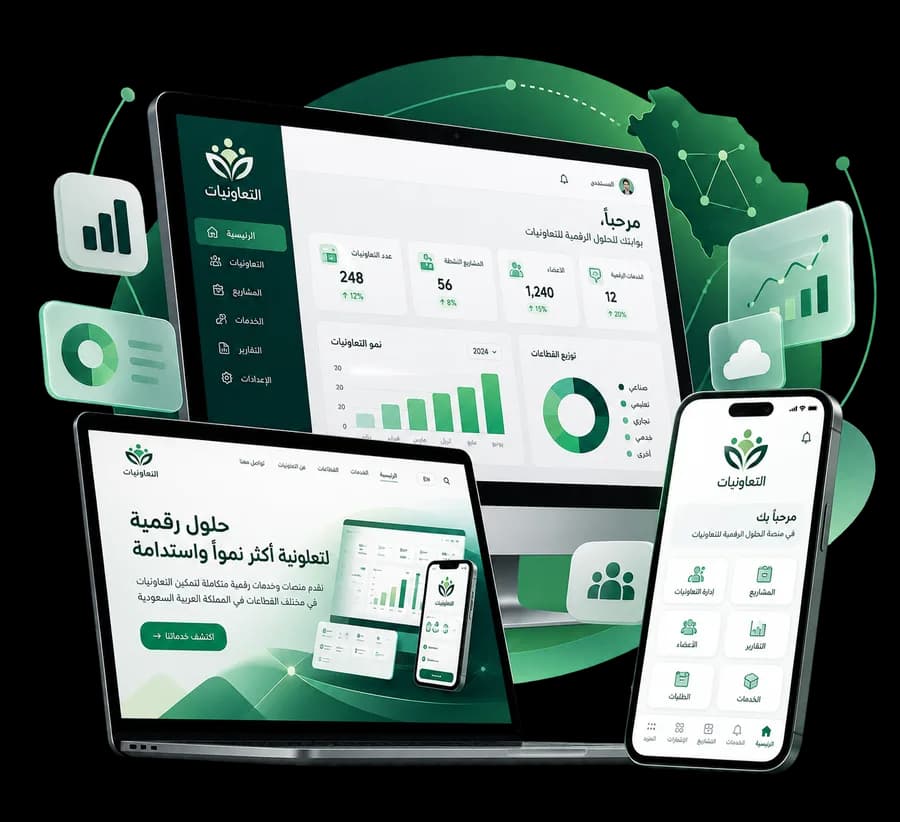 شاشة حاسوب وحاسوب محمول وهاتف تعرض منصة التعاونيات الرقمية ولوحات مؤشراتها